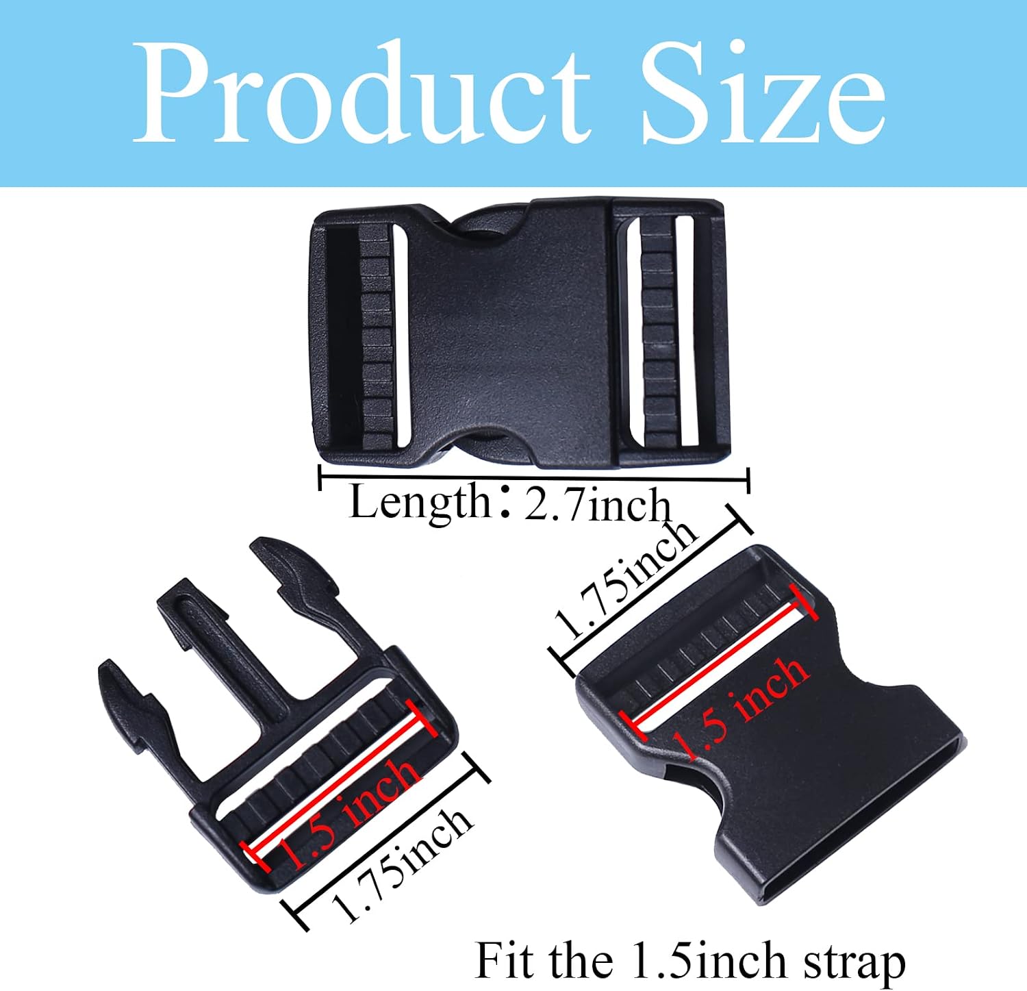 J.CARP 4 Pack 1.5" Wide Quick Side Release Buckles, Dual Adjustable No Sewing Slide Clips Snaps, Heavy Duty Plastic Replacement for Nylon Strap Backpack Nylon Webbing Belt Fanny Pack Pet Dog Collars - Image 2